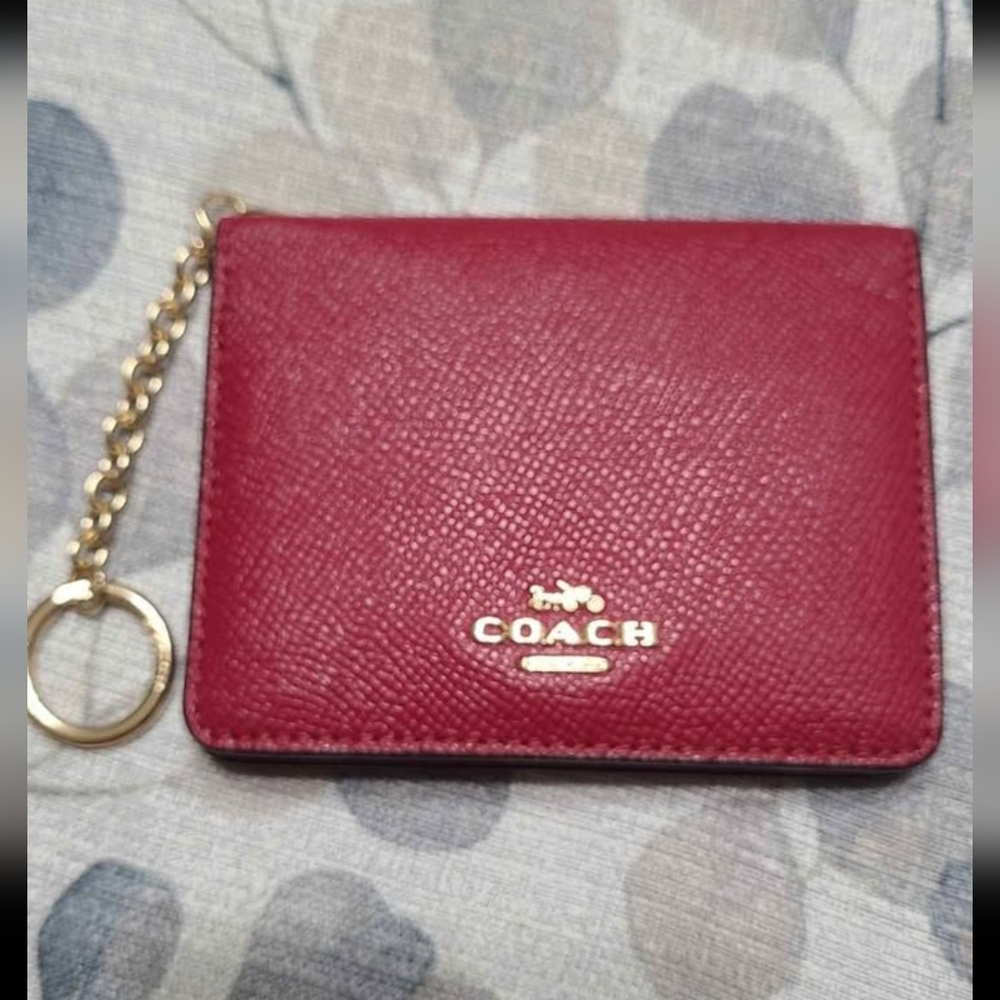 Coach Red Leather Card Holder with Gold Chain